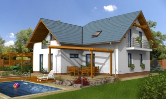 L-shaped multi-storey house with gable roofs.